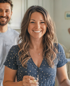 Smiling woman preparing a healthy recipe in a bright kitchen setting.